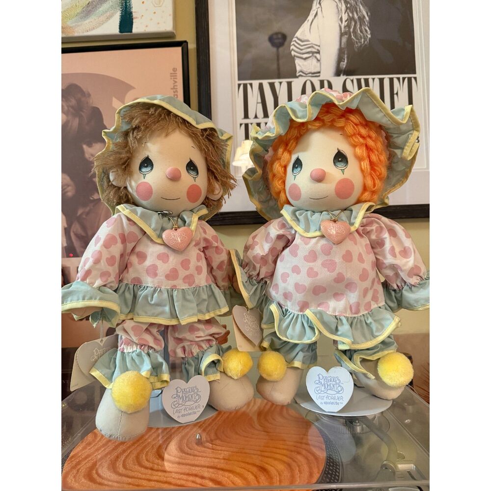 Set of Precious Moments 'Peggy' and 'Donny' Clown Dolls With Lockets & Stands